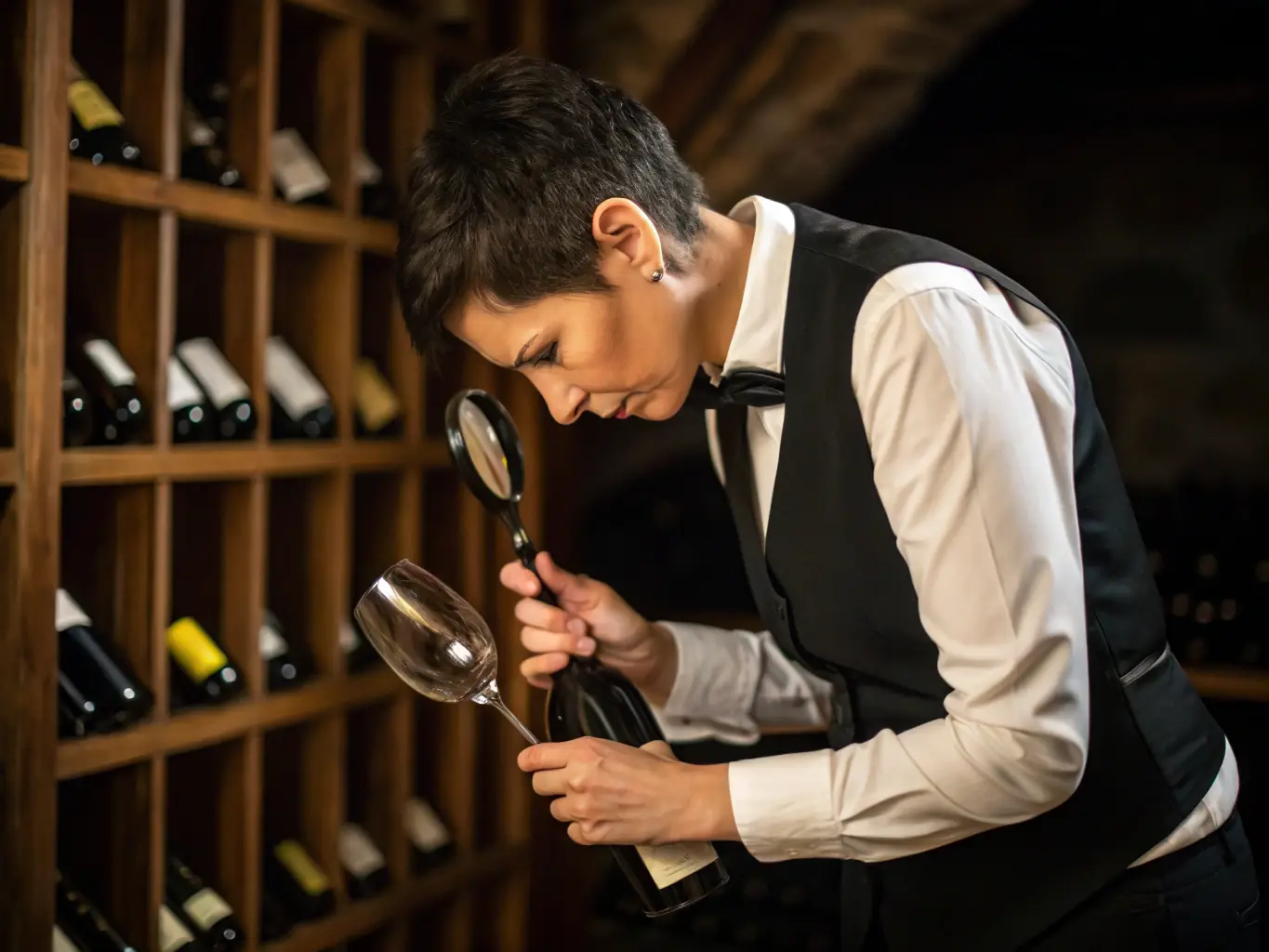 A close-up shot of a sommelier carefully selecting a bottle of wine from a cellar, emphasizing the curation and expertise behind the Grus Wine Club selections.
