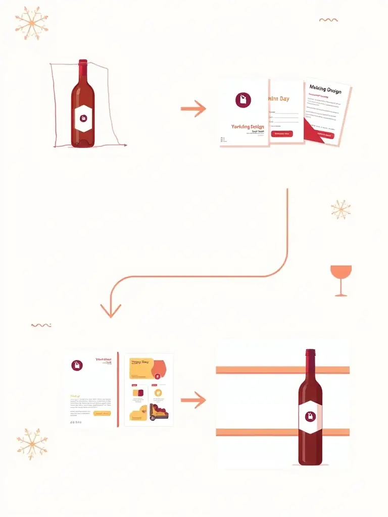 A visually appealing graphic illustrating the process of brand building, from initial concept to final execution, with a focus on wine branding.