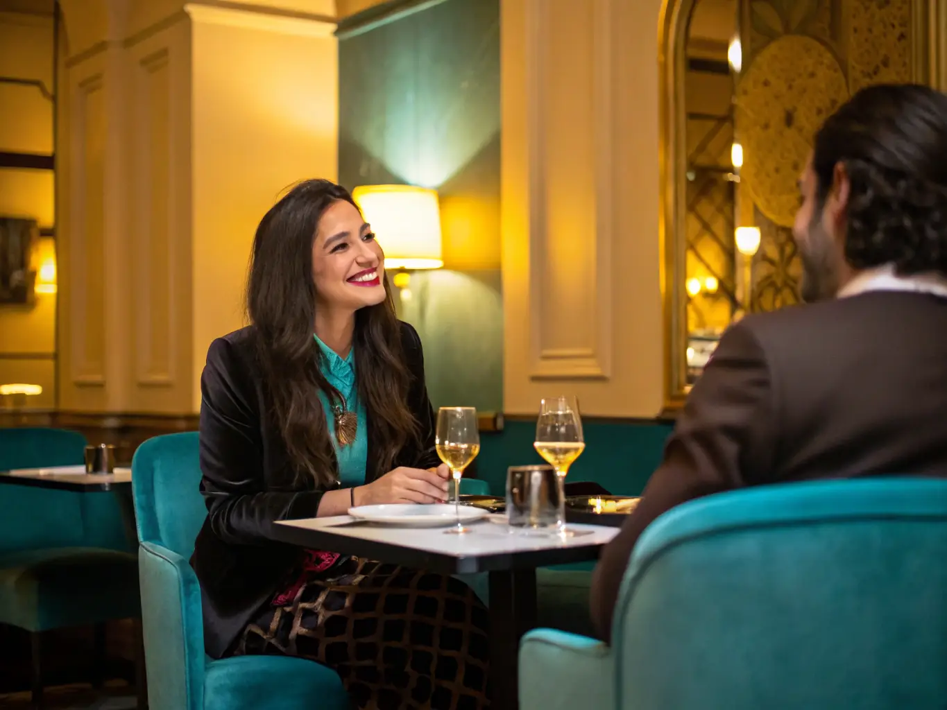 A photograph of a Grus Wine Club member at an exclusive wine tasting event, smiling and engaged in conversation with a sommelier. The setting is elegant, with soft lighting and beautifully arranged wine glasses.