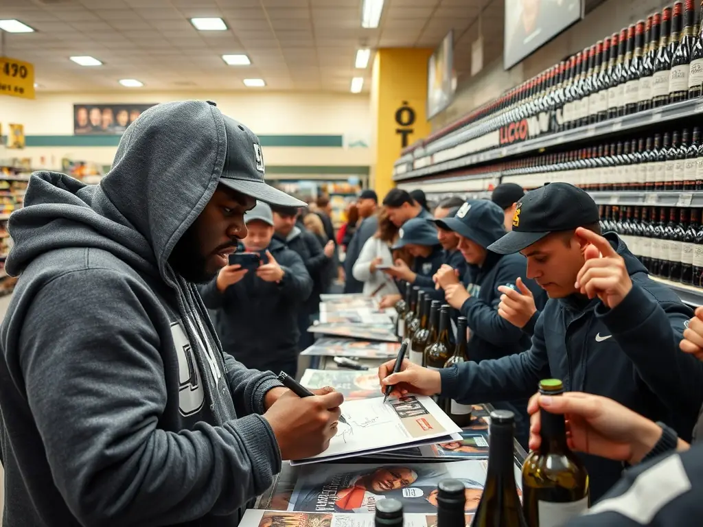Rapper 50 Cent signing autographs at an LCBO store in Toronto.