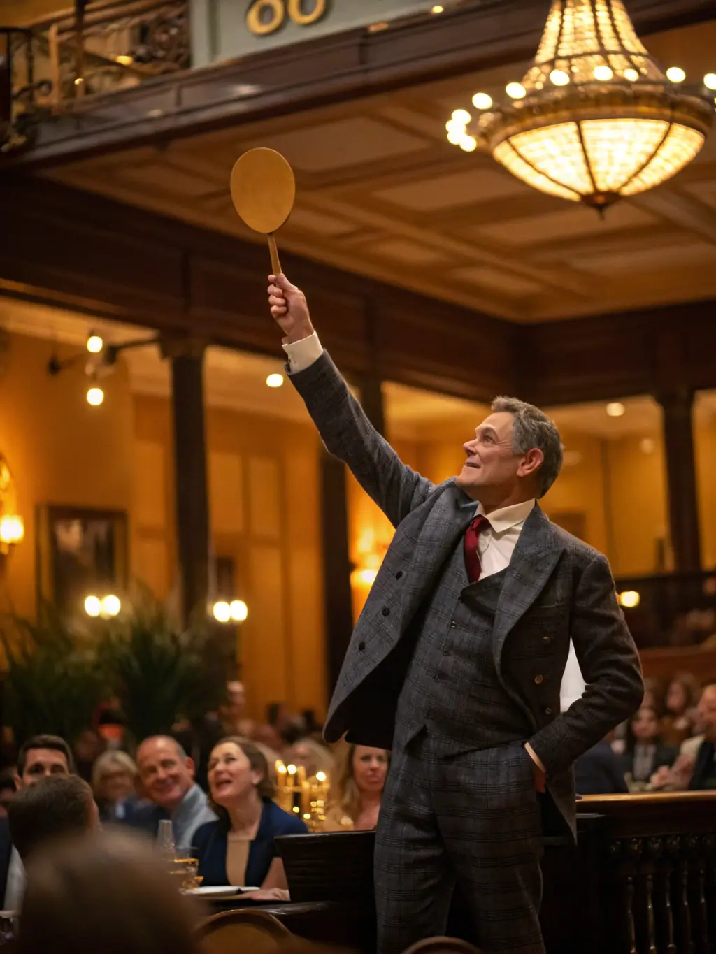 A photograph of a luxurious wine auction event, showcasing attendees bidding on rare and collectible wines, highlighting the unique opportunities available to Grus Wine Club members.